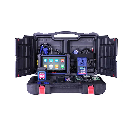 Autel maxiim IM608 2 Pro, J2534 ECU programmer, and XP400 Pro securely stored in a hard case