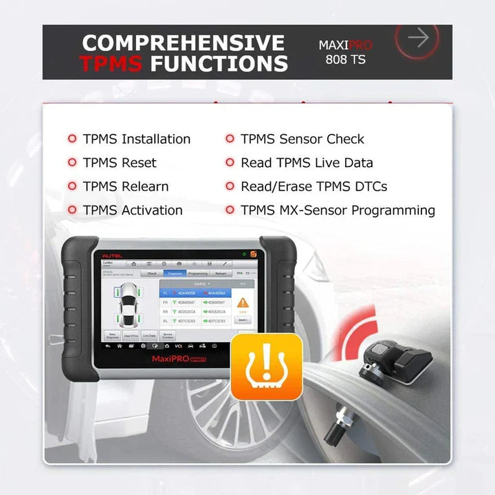 Autel MaxiPRO MP808TS, a powerful diagnostic tool with comprehensive TPMS functions, including TPMS installation, TPMS sensor check, TPMS rest, TPMS relearn, read TPMS live data, read/erase TPMS DTCs, TPMS activation, TPMS MX-SENSOR programming.